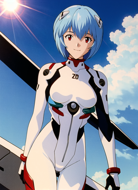 3978521677-471778450-evangelion anime style, anime screencap, 1990s__(style_),  ayanami rei, 1girl, blue hair, blue sky, bodysuit, breasts, cloud, cl.png